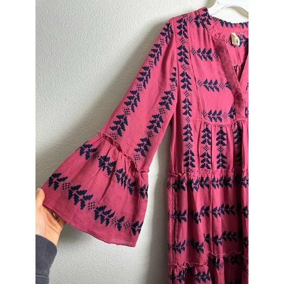 Elan Women's Clara Dress Embroidered Long Sleeve Tiered Pink Blue Size Small - Picture 5 of 9